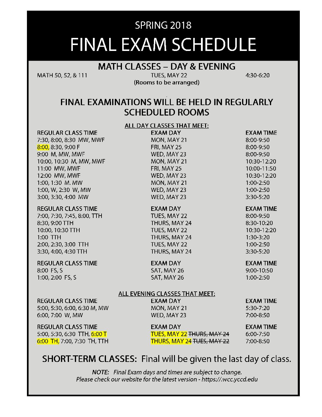 Final Exam Schedule - SP18rev - Woodland Community College