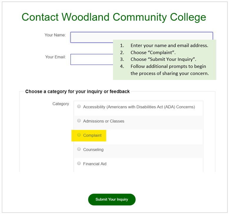 Contact Woodland Community College form with "complaint" selection highlighted
