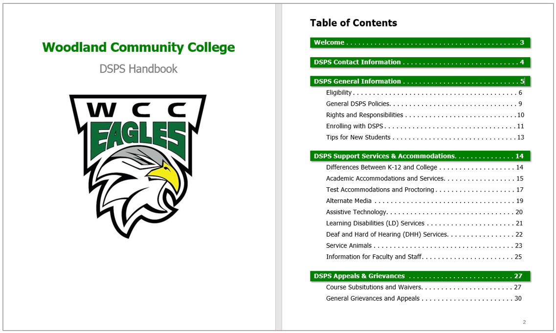 Cover and table of contents pages of Woodland Community College's DSPS Handbook