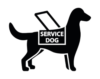Silhouette of a service dog with a harness and vest that includes the words, "service dog"