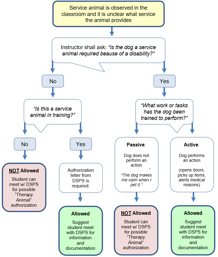 Flow chart that tells scenarios in which a service animal is allowed