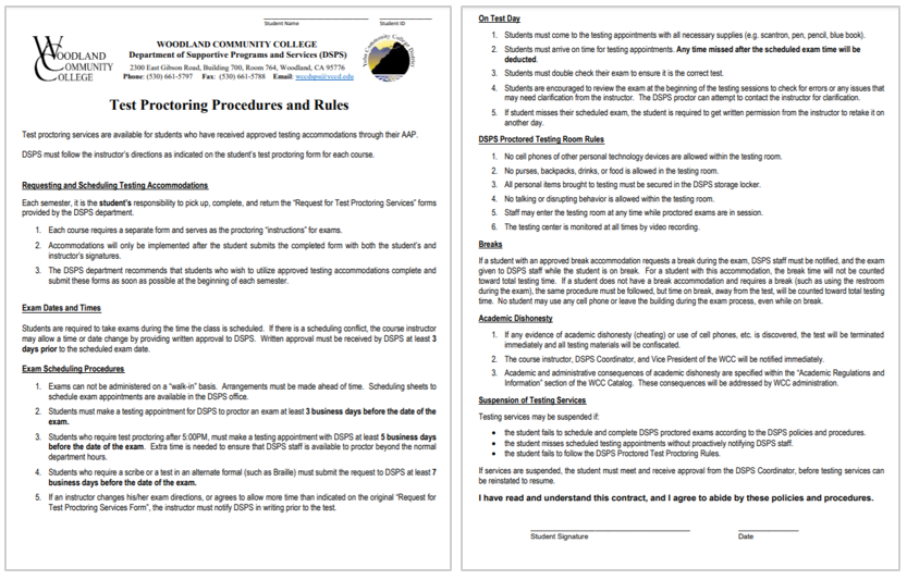 DSPS's "Test Proctoring Procedures and Rules" form with link to the form