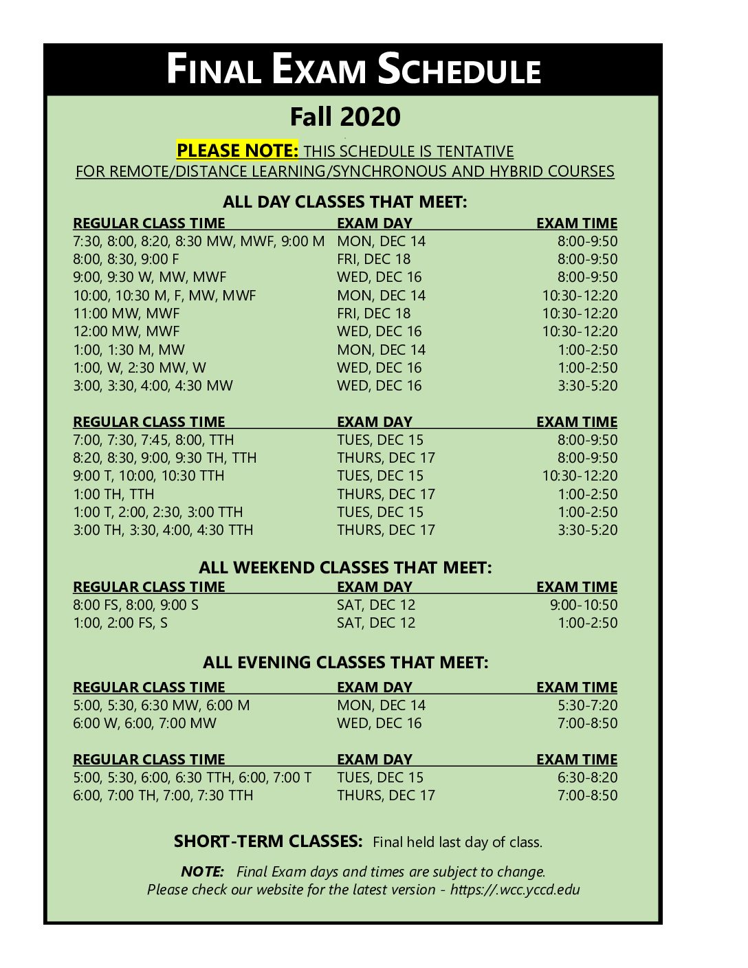 Final Exam Schedule Fall 2020 - Woodland Community College