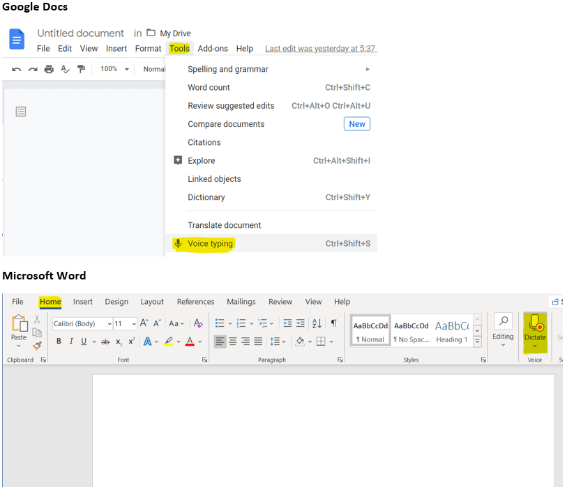 Screenshot image showing how to access voice typing through Google Docs and Microsoft Word