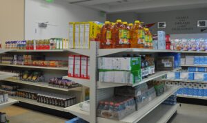 Grocery shelves with a variety of food items