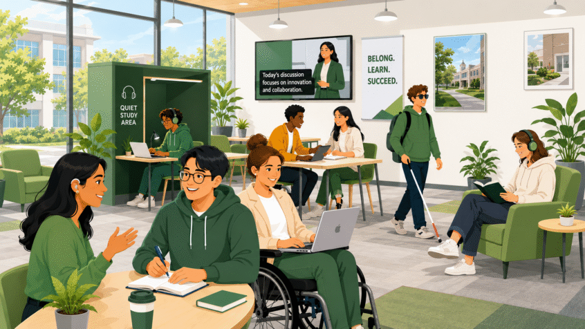 Illustration depicting a wide range of assistive devices and accommodations serving students in a campus center.