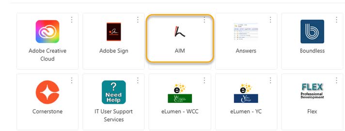 Screenshot of the student dashboard showing a button highlighted to select the "AIM" application.