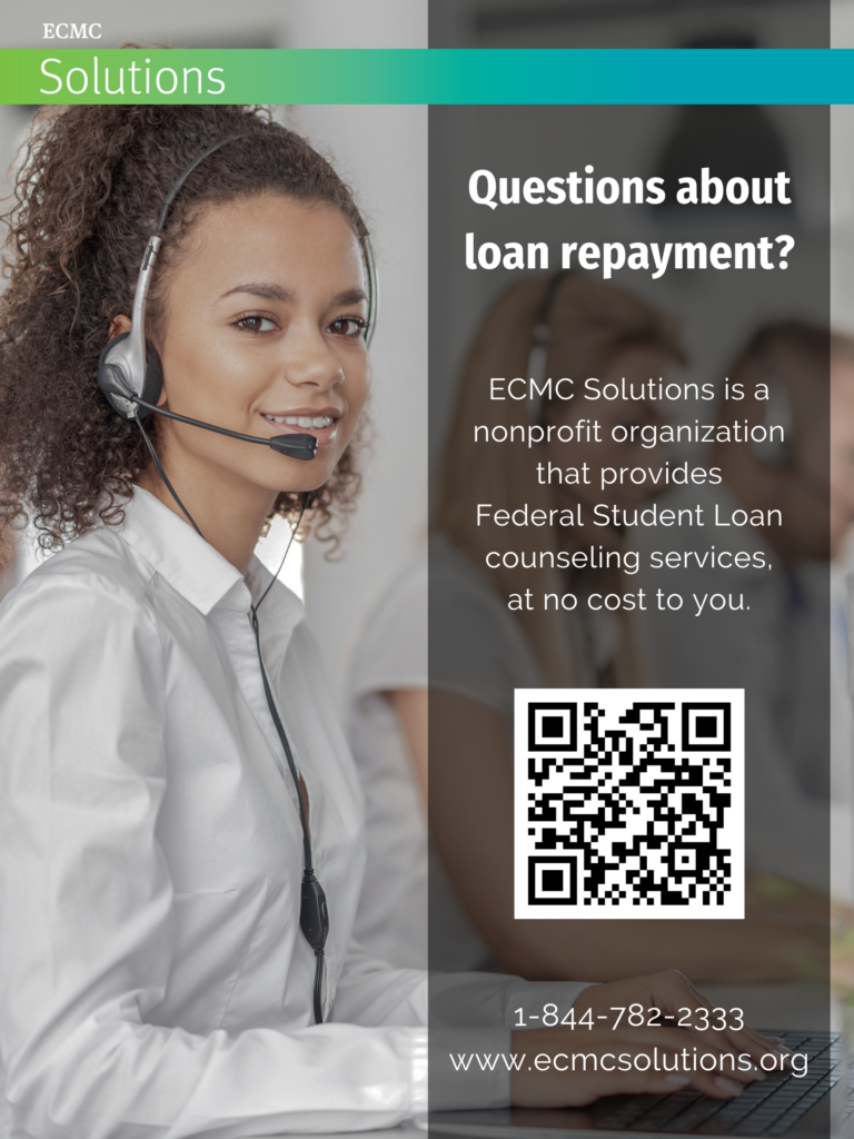Lady with phone headset pictured with QR code to contact ECMC Solutions for loan repayment counseling services.