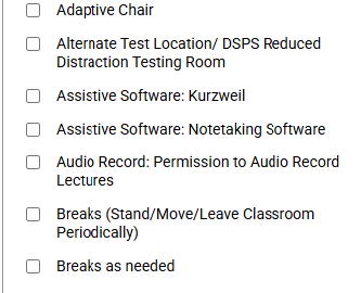 Screenshot of the types of accommodations you can request in a class including adaptive furniture, software, breaks, audio recording, testing rooms, etc.