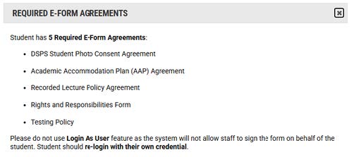 Screenshot showing a bullet list of the excample DSPS Required e-Form agreements that you will see in the AIM application.